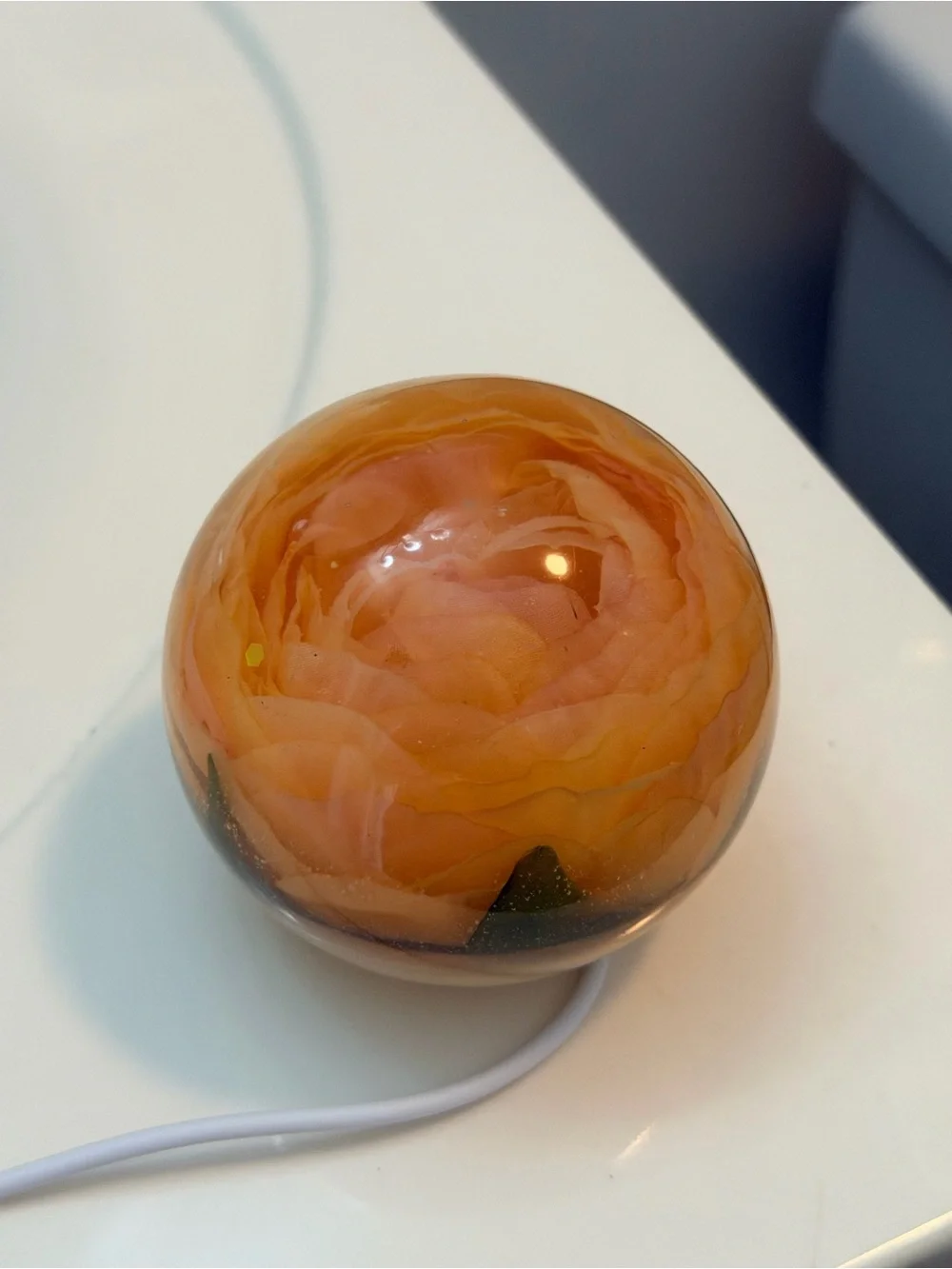 Handmade resin Decorative Orb with Amber Orange peony.